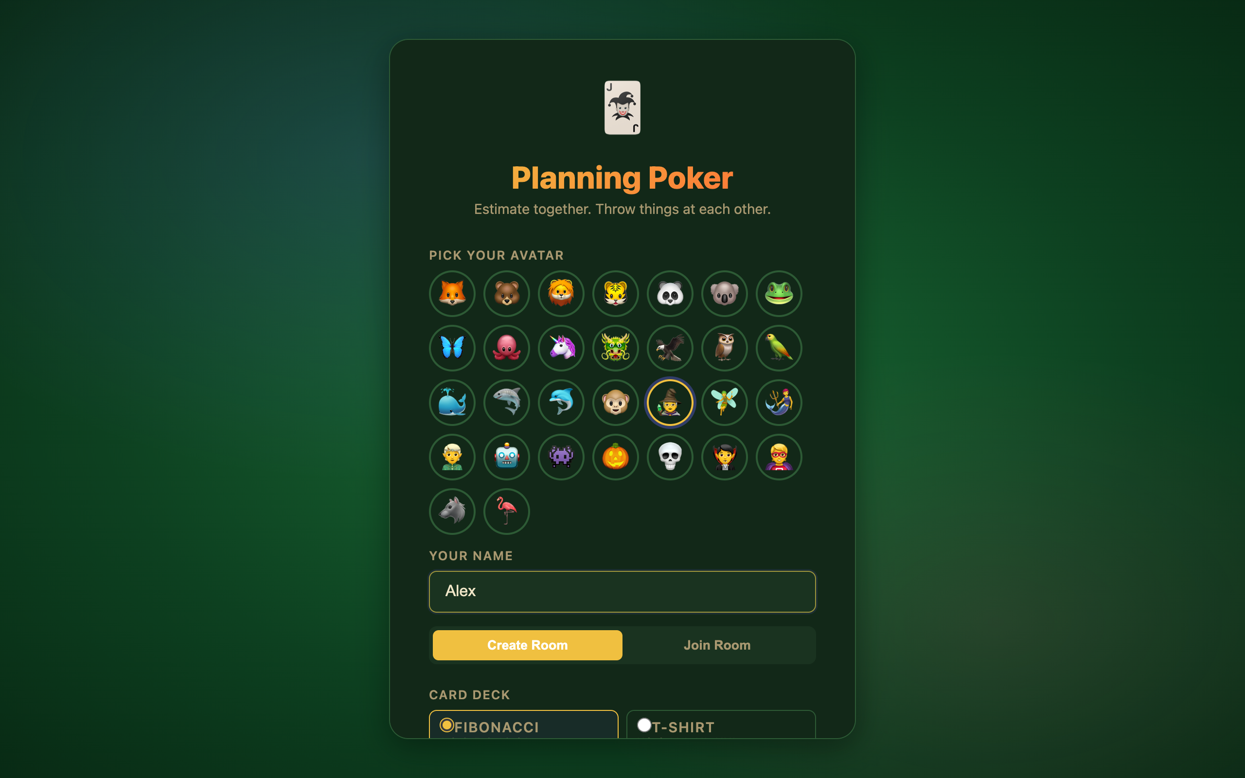 Create room screen with avatar, name, and deck options