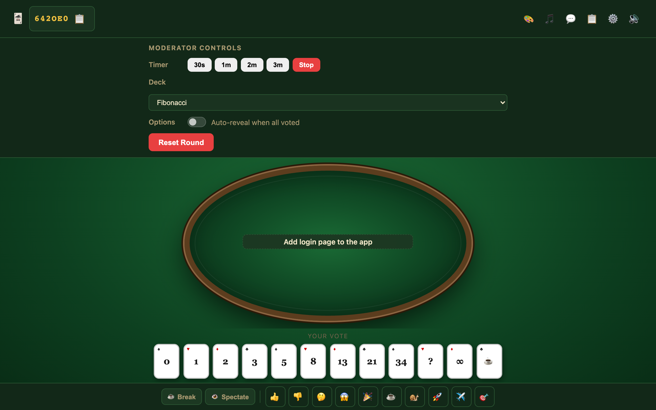 Moderator controls panel with timer, deck, and auto-reveal options