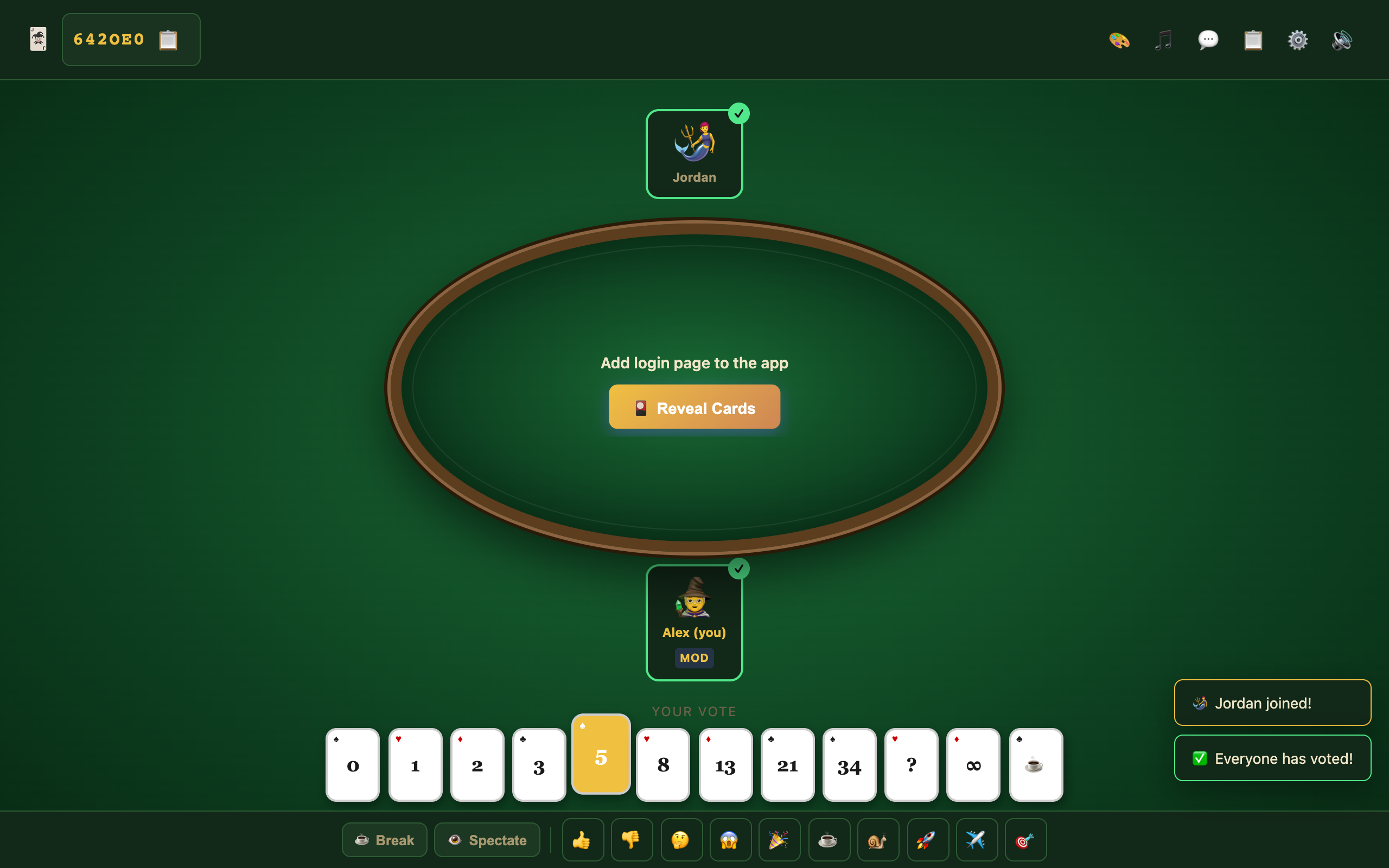 Reveal Cards button visible after everyone voted